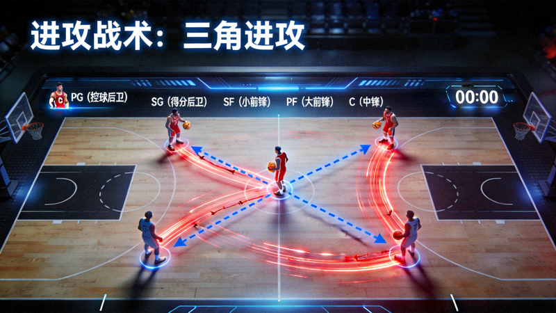 篮球战术演示屏幕 - 动态跑位与传球路线图