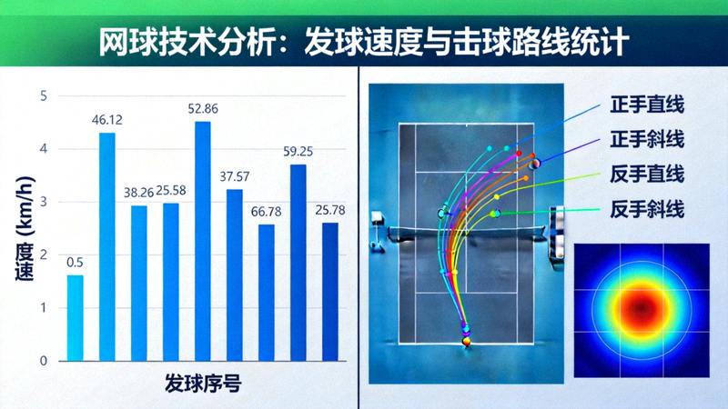 网球技术分析画面 - 发球速度与击球路线统计